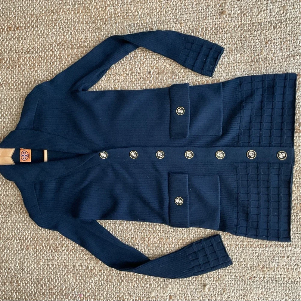 Tory Burch navy blue wool SZ S. Long cardigan - Picture 2 of 7